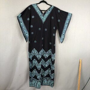 Vintage Ibu Bintang Negara Kaftan Womens Medium Blue Maxi Batik 70s Abstract Art
